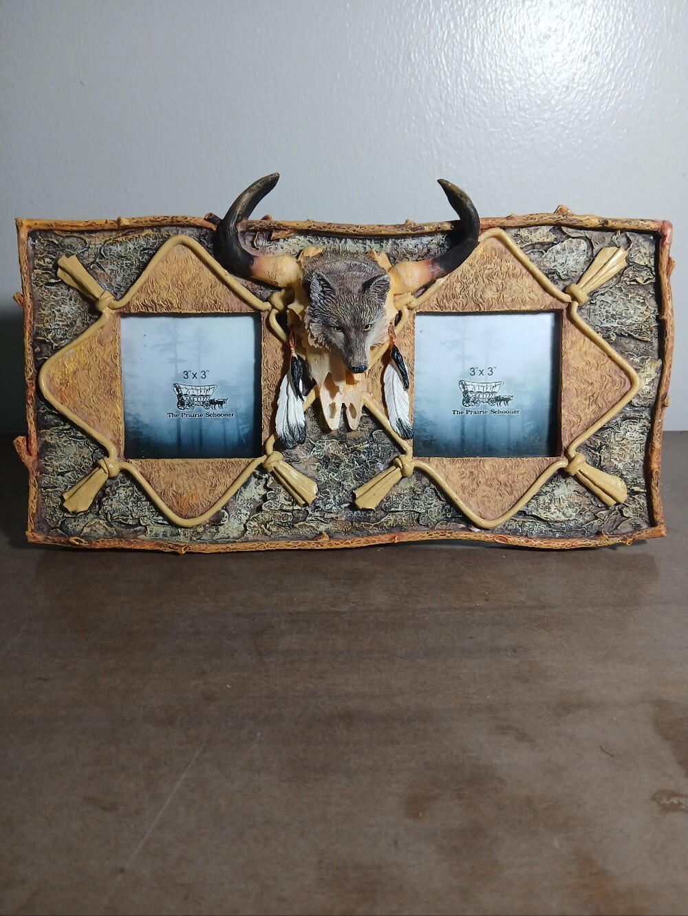 Prairie Schooner 3x3 Double Resin Photo Frame Southwestern Wolf Steer Skull 3D